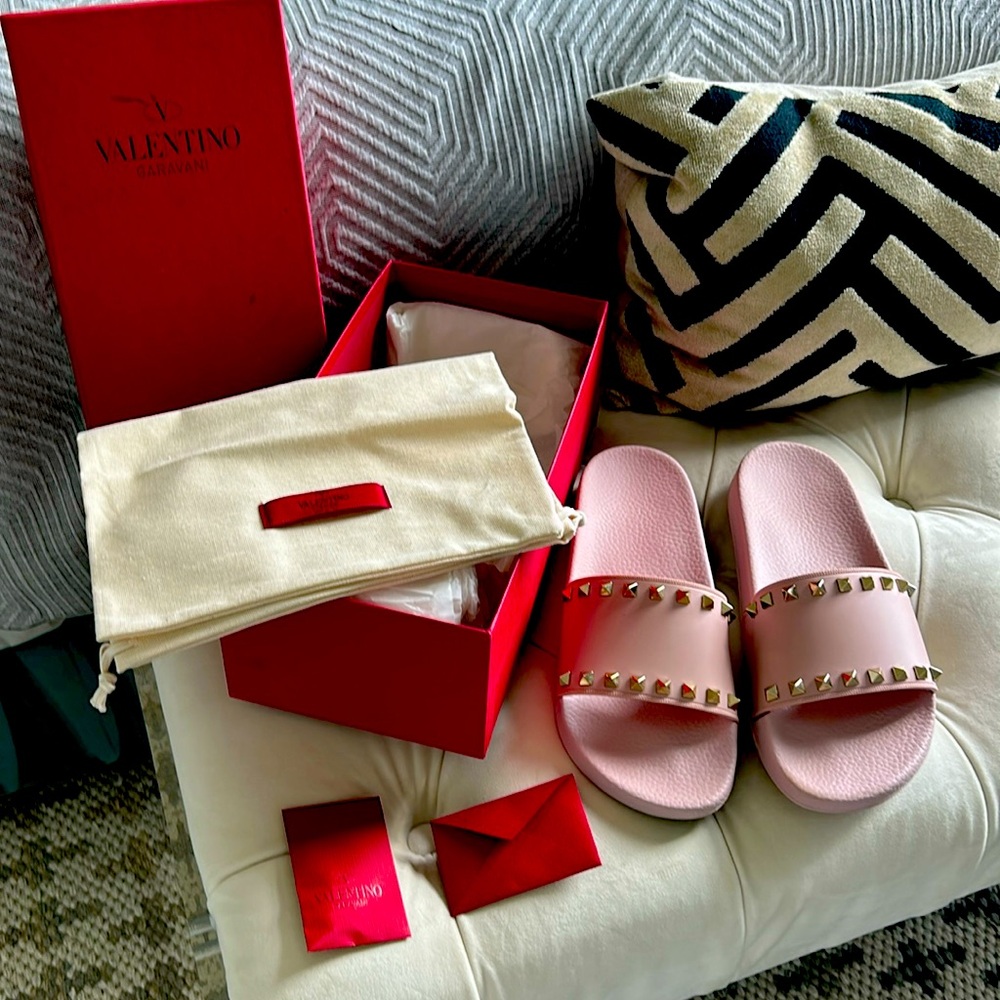 Valentino pink slides with studded detail